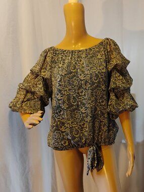 CeCe | Blue & Cream Floral Paisley Print Blouse | Large | Used Good